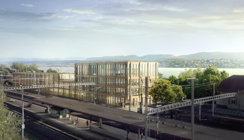 Visualisierung des geplanten Gebäudes «Vuelo» beim Bahnhof Tiefenbrunnen. (Visualisierung: zvg)